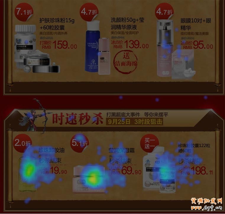 底部秒殺區塊點擊不錯，但并不給底部的產品帶來點擊，可以看到靠近區域的產品產生的點擊非常低。